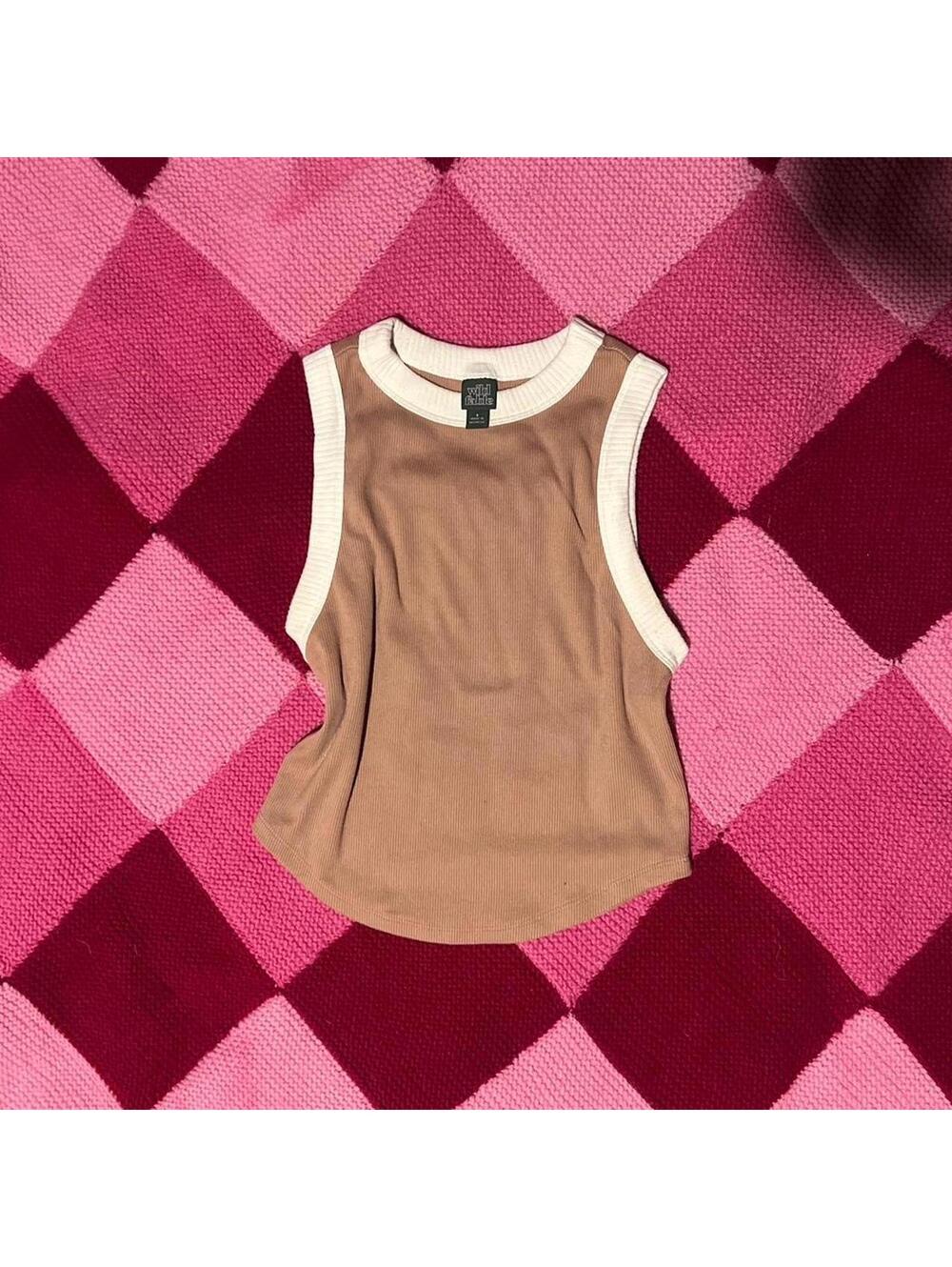 tan and white ribbed cropped halter tank top